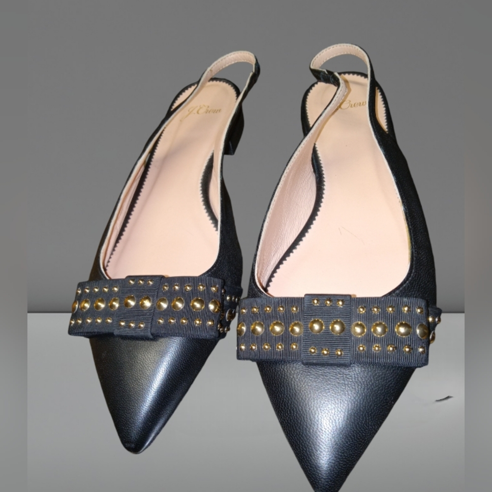 J. Crew Flats Black Leather Slingback Studded Slip-On Flats Size 8